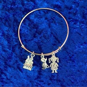 Handmade Bangle bracelet with girl house and dog pendants silver in color